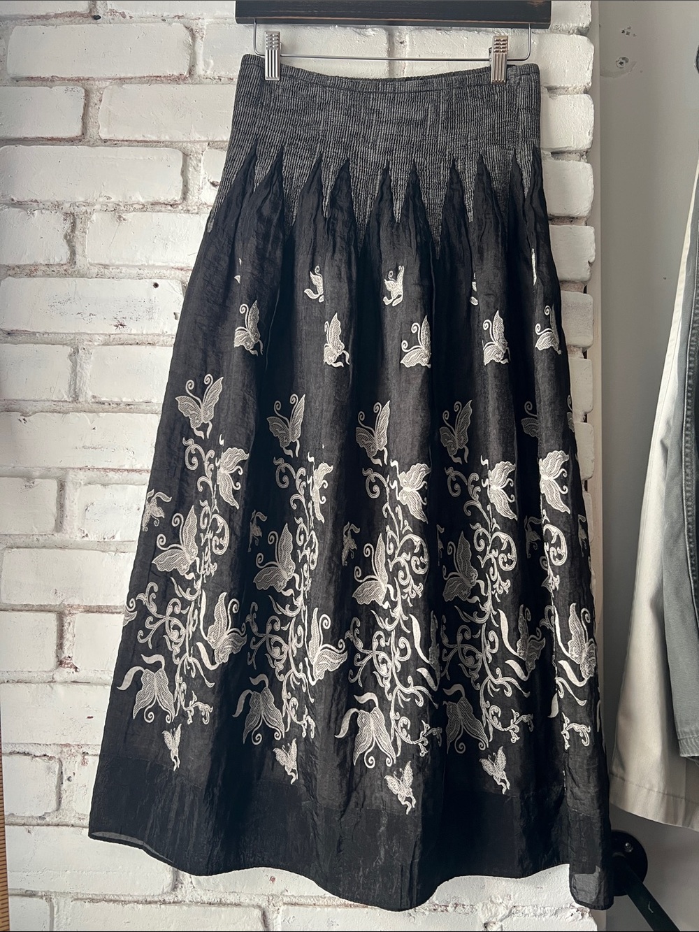 Lapis Black Maxi Skirt with White Embroidery and butterfly appliqué summer